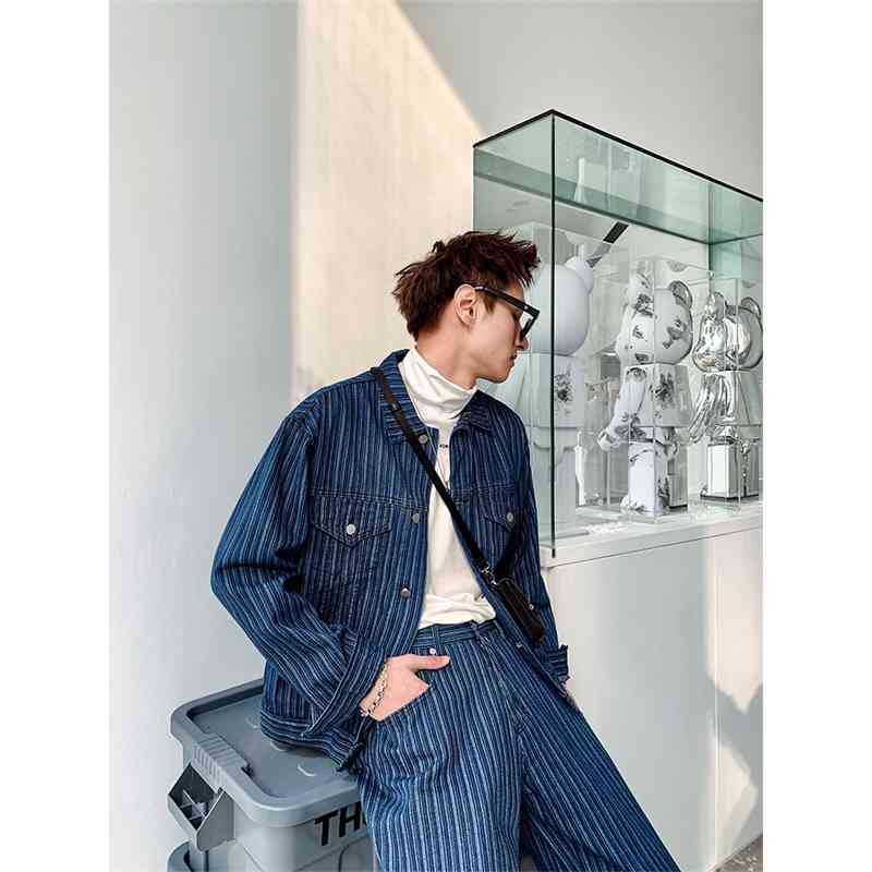

Moustache store 2021 spring new denim jacket men's contrast stripe coat, Black