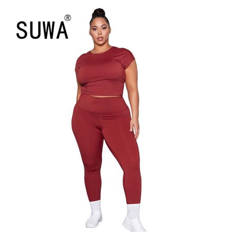 

4XL Wholesale Plus Size Fitness Clothing Summer Loungewear Women Two Piece Outfits Backless Short Sleeve T-Shirt Trousers 210525, Red