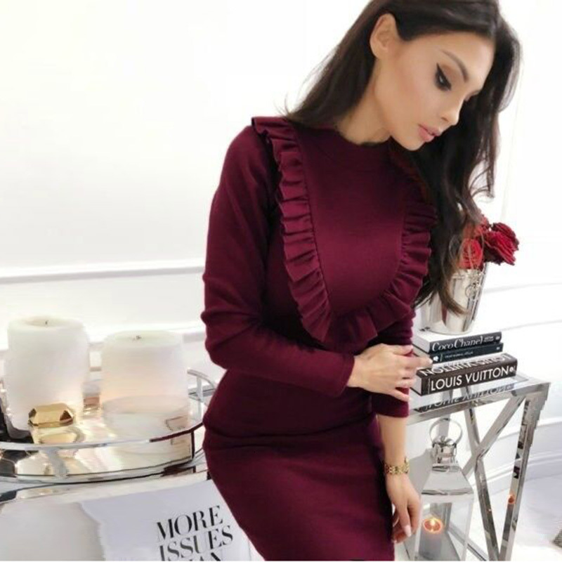 

2021 Vintage Ruffled Sheath Party Mini Long Sleeve o Neck Solid Elegant Casual Winter New Fashion Women Jxci, Burgundy