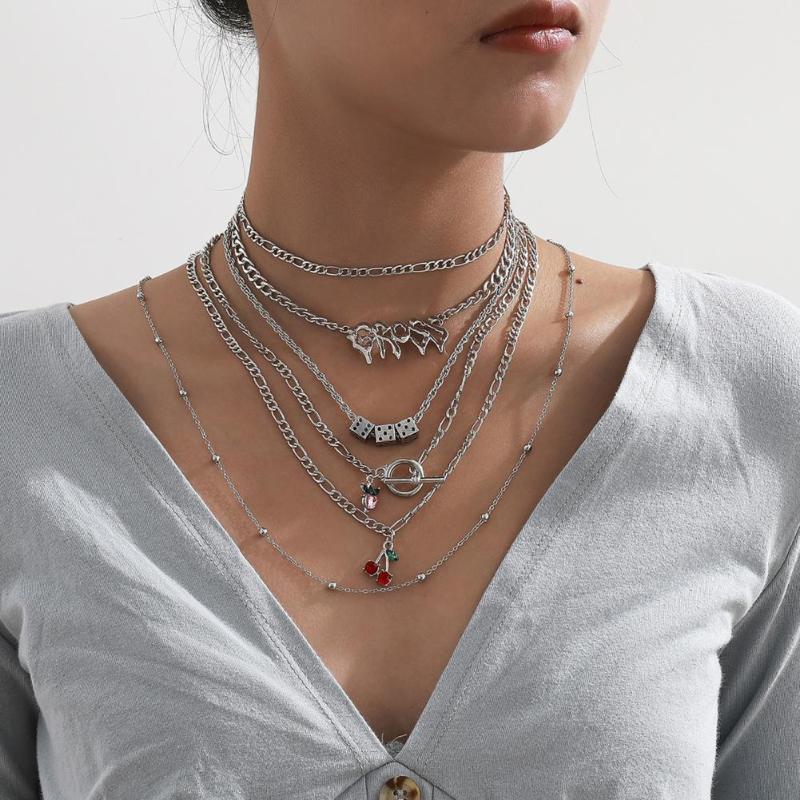 

Pendant Necklaces 6Pcs/Set Fashion Multilayer Exaggerated Adjustable Women Silver Color Cherry Dice Chain Necklace Girls Jewelry