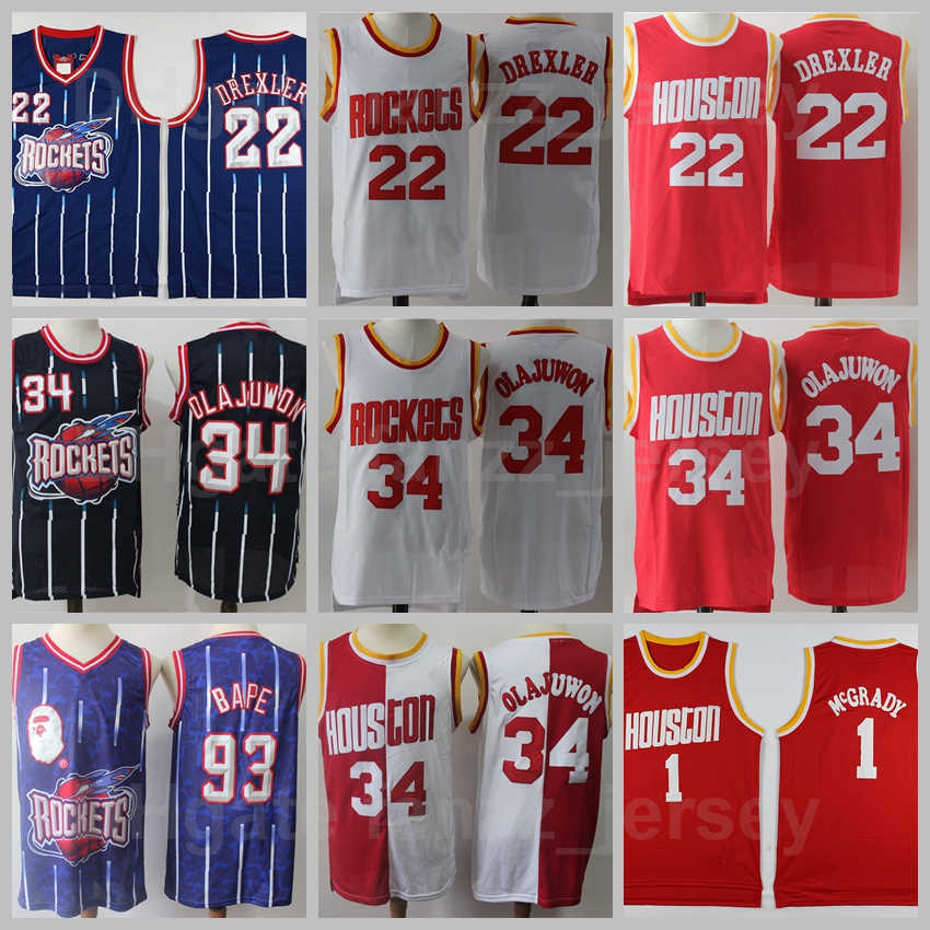 

Vintage Basketball Hakeem Olajuwon Jersey 34 Men Retro Clyde Drexler 22 Tracy McGrady 1 All Stitched Red White Navy Blue Breathable Good Quality, Black;red