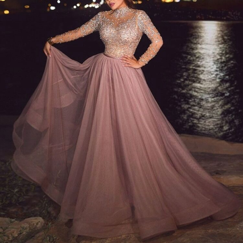 Vintage Blush Rose Une Ligne En Mousseline De Soie Robes De Bal De Soirée En Dentelle Appliques Diamant Blingbling Sexy Sheer Manches Longues Fil