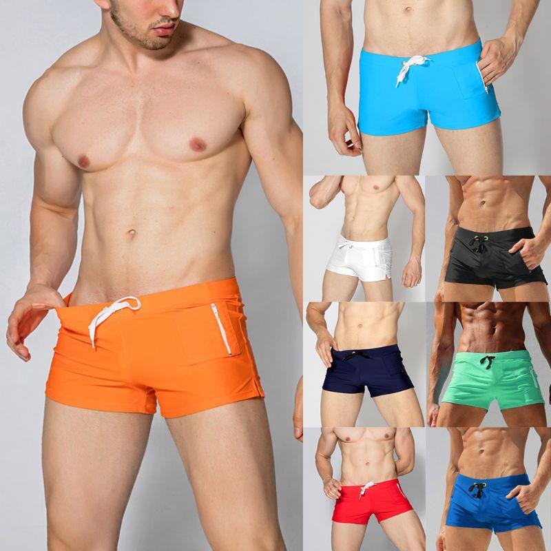 

Men Swimwear Boxer Briefs Solid Color Drawstring Waist Beach Board Shorts Quick Dry Summer Swim Trunks with Zipper Pocket -2XL