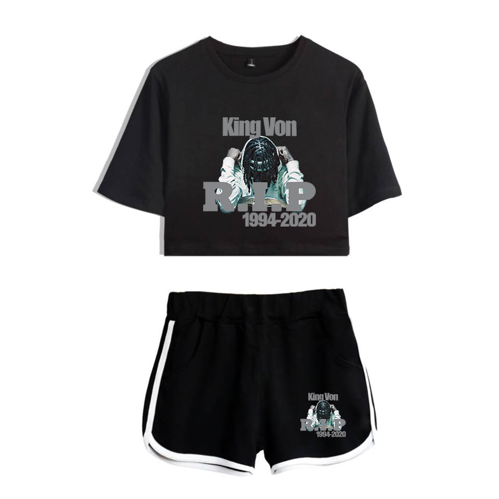 

2021 R.I.P. Rapper King Von 2D Print Women Two Piece Set Shorts+lovely T-shirt Hot Sale Clothes, 001