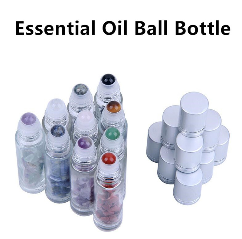 

10ml Natural Semiprecious Stones Essential Oil Gemstone Roller Ball Bottles Clear Glass Healing Crystal Chips