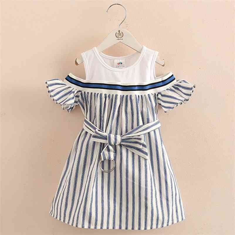 

Summer 4 6 7  9 10 11 12 Years Teenage Children Wrap Shoulder Blue Stripe Strapless Dress With Belt For Baby Kids Girls 210701