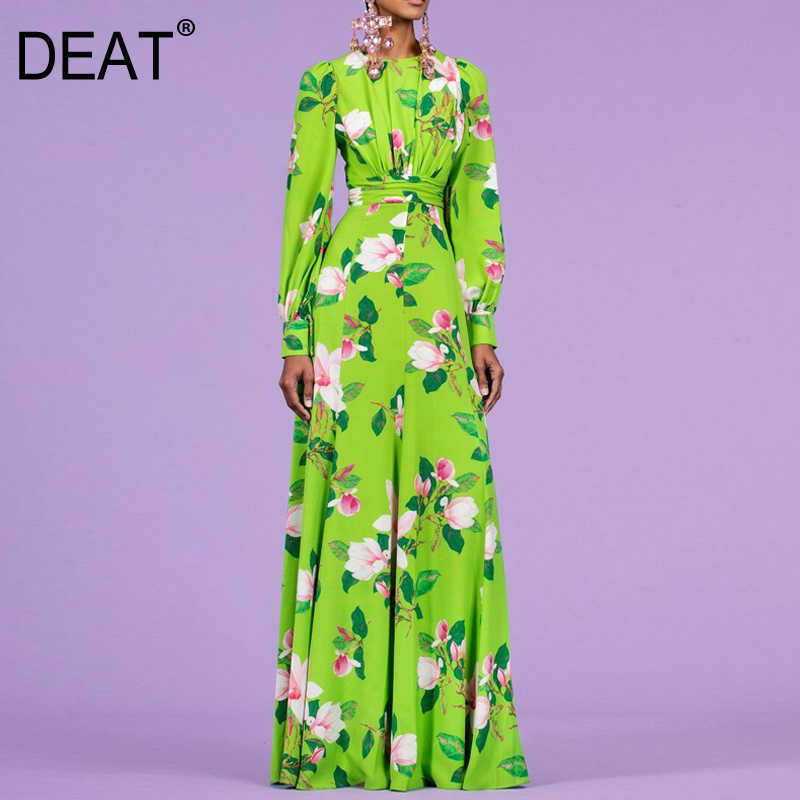 

[DEAT] Women Dress Round NeckHigh Waist Floor-length Long Sleeve Printing Elegant Loose Fashion Spring Summer 13Q337 210527, Green