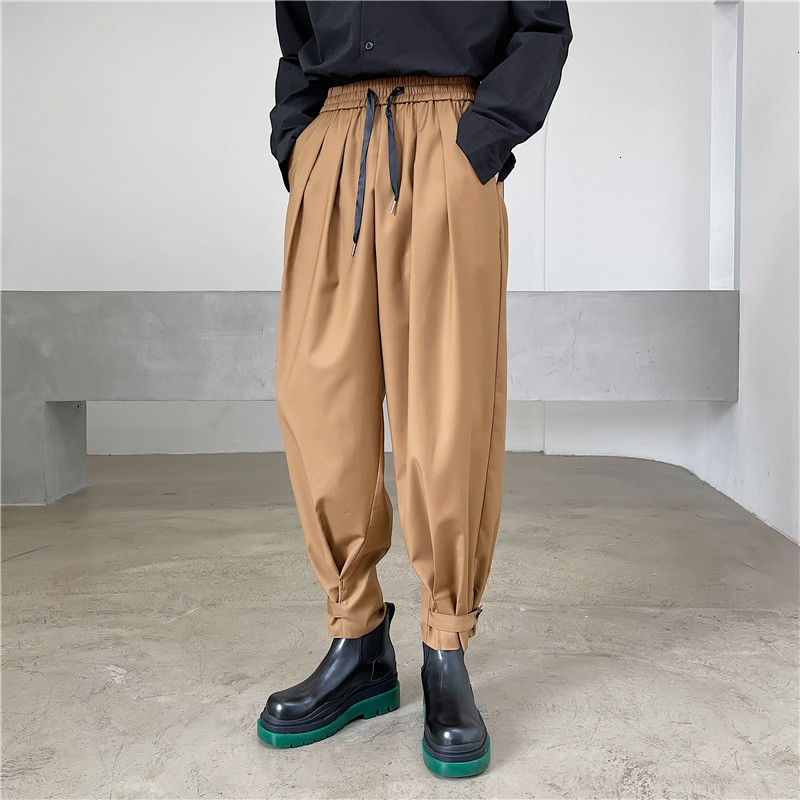 

New 2021 Men's Loose Straight Cropped Baggy Casual Pants Elastic Waist Streetwear Khaki/black Color Trousers M-xl Nfib
