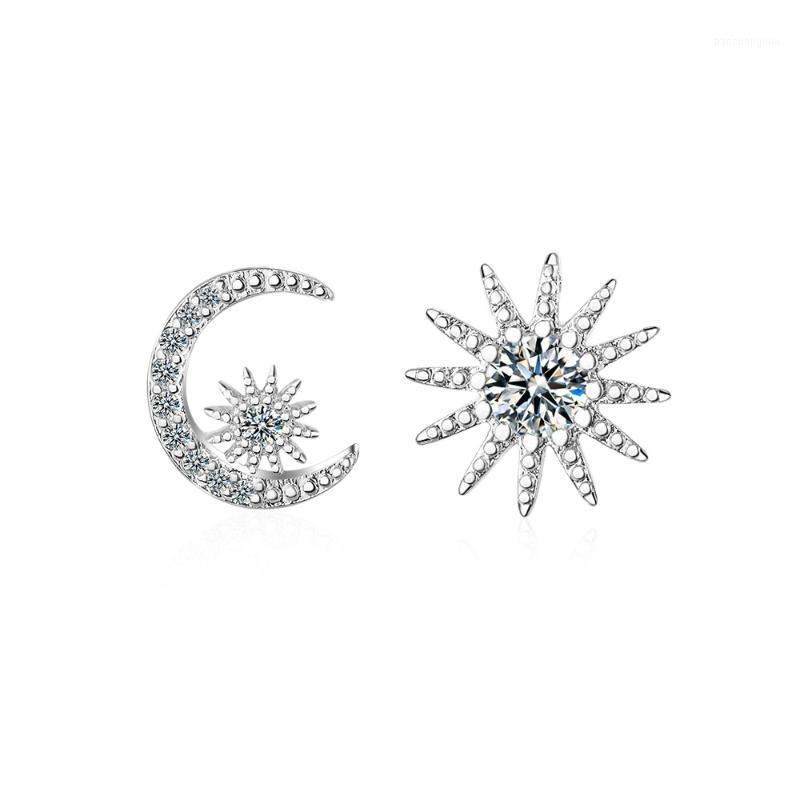 

Stud 100% 925 Sterling Silver Fashion Asymmetric Moon & Star Crystal Women Gift Ladies`stud Earrings Jewelry No Fade Wholesale Girls, Golden;silver
