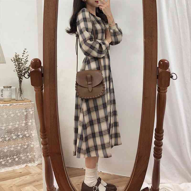 

fashion plaid long sleeve midi womens dresses v neck spring autumn waist tied a-line retro chic simple for school, Black;gray