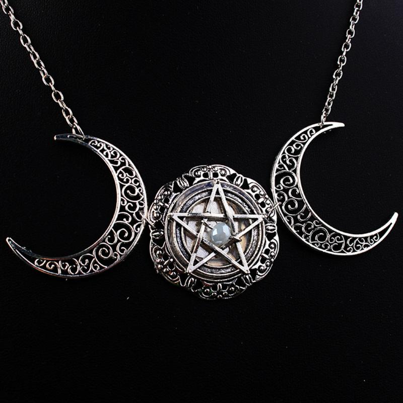 

Triple Moon Necklace Wiccan Jewelry Triple Goddess Pentacle Necklace Pentagram Pagan, Silver