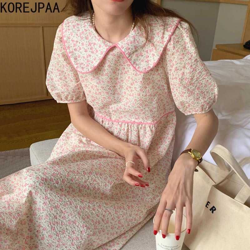 

Korejpaa Women Dress Korea Fashion Chic Summer Sweet Kawaii Baby Collar Small Floral Fold Loose Short Sleeve Dresses 210526, Pink