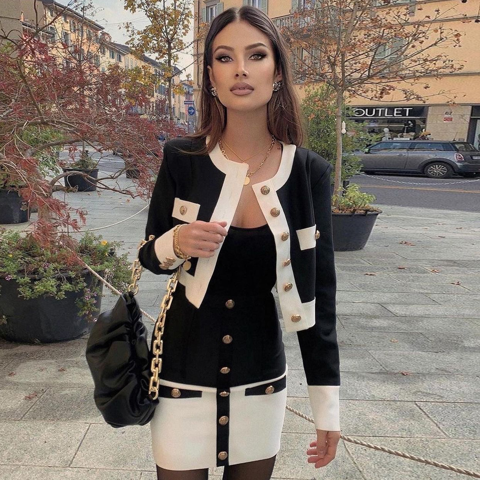 

Adyce 2021 New Winter Women Patchwork Bandage 2 Two Piece Sets Sexy Long Sleeve Top& Mini Skirt Buttons Celebrity Club Party Set, Black and white