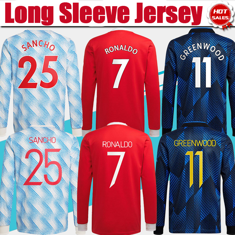 

#7 RONALDO Long Sleeve #25 SANCHO Home Red Soccer Jersey 2021/2022 #11 GREENWOOD #18 B.FERNANDES 3rd Blue Soccer Shirt 21/22 #10 RASHFORD Away football Uniform, Away + ucl patch