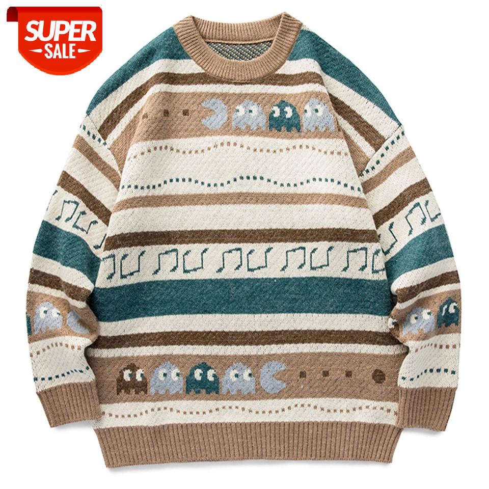 

2021 Hip Hop Cartoon Greedy Snake Print Knitted Sweater Men Women Streetwear Cotton Pulover Vintage Harajuku Sweater Oversize U #do92, White;black