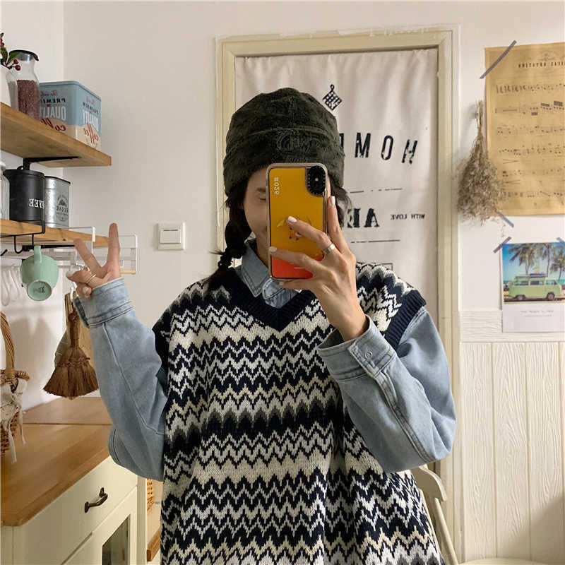 

Winter Vintage sweater Striped women casual fashion punk loose Ulzzang kawaii Harajuku long-sleeved plus size Vest 210608, Black