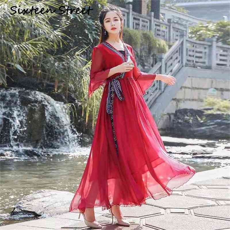 

Maxi Red Chiffon Vintage Long Women Dress Embroidery V-neck Female Vestido Tunic Evening Party Elegant Summer 210603, Blue