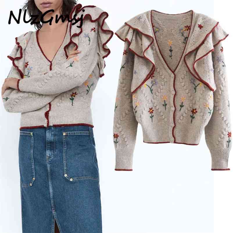

Cardigan Women Flowers Ruffles Knitted Sweater Jumper Vintage Long Sleeve Button-up Female Outerwear 210628, As picture