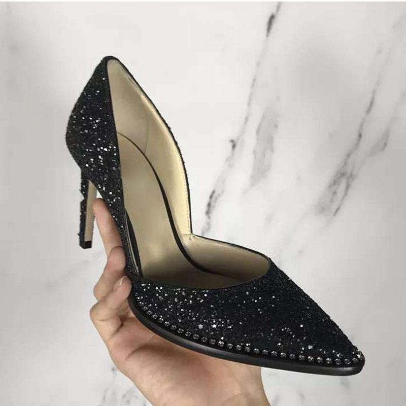 

Dress Shoes Chic Ladies Side Cut Crystal Sole High Heel Sexy Black Sequins Pointed Toe Wedding Pumps Thin Heels Banquet Party Single, 6.5 cm black suede