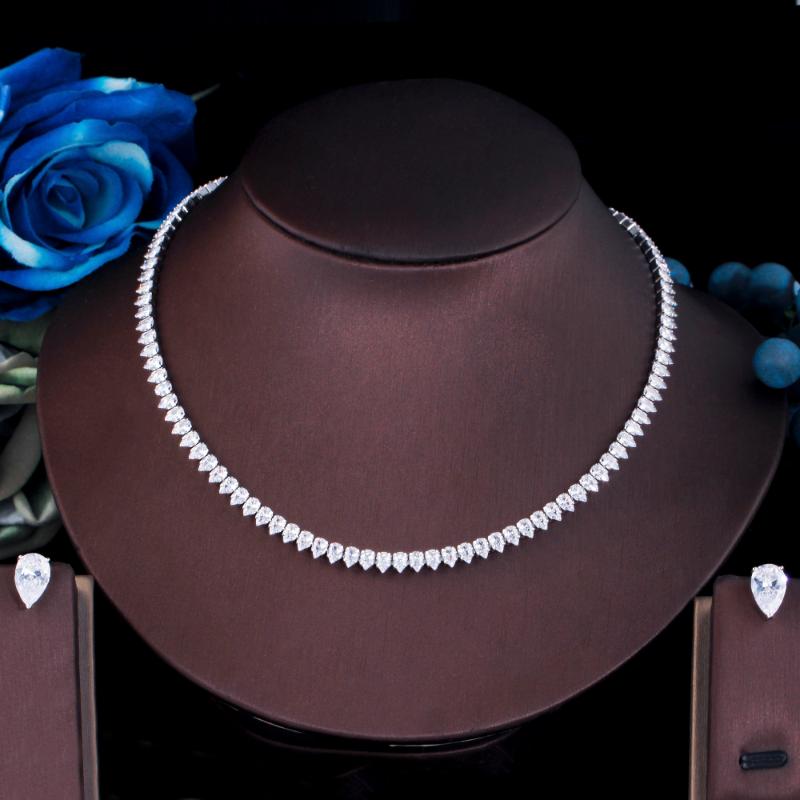 

Earrings & Necklace ThreeGraces Brilliant Cubic Zirconia Stone Silver Color Cute Stud And Choker Party Jewelry Set For Women T0632, As pic