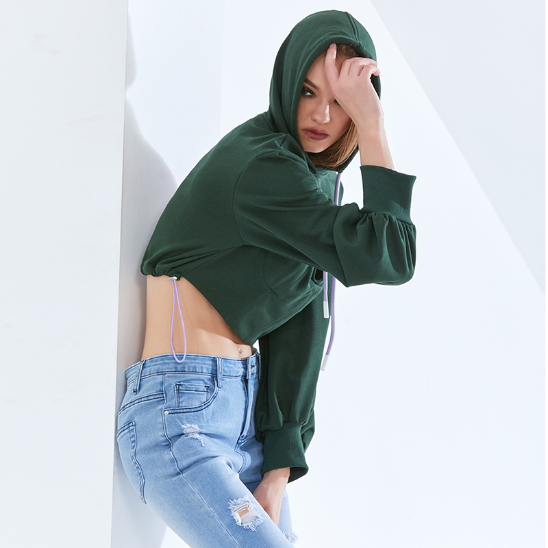 

Green Tunic Short Sweatshirt For Women Hooded Collar Long Sleeve Hollow Out Casual Tops Female Fashion New Tide, Black