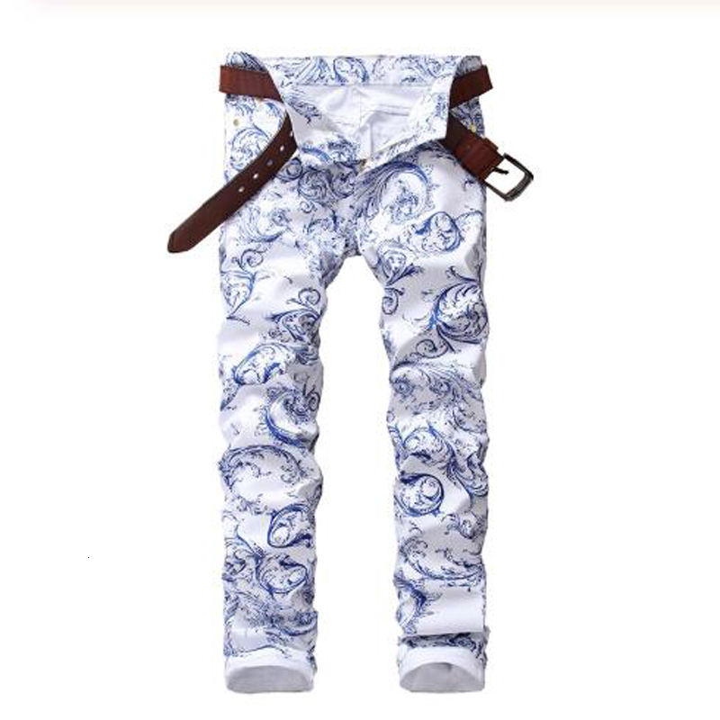 

2021 New Men's Male Casual Fashion Blue and White Porcelain Pattern Print Jeans Slim Stretch Denim Pencil Pants Long Trousers 1ob3