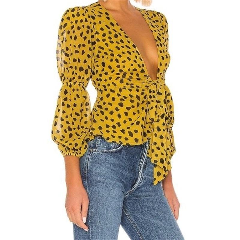 

Women's Blouses & Shirts ZXQJ Women 2021 Fashion With Bow Tied Leopard Print Vintage V Neck Long Sleeve Female Blusas Chic Tops, As picture