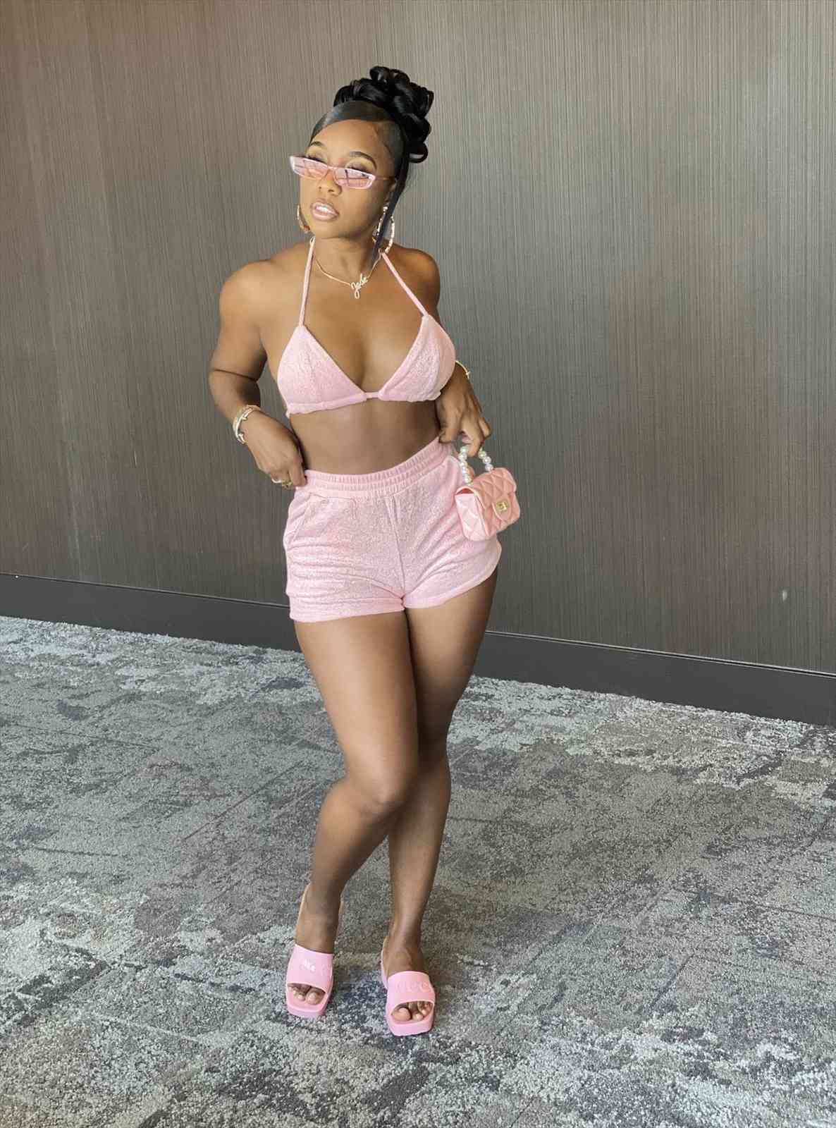 

pink bra bikini set womens tracksuits lace up crop shorts two piece beach swimwear summer fitness halter matching, Gray