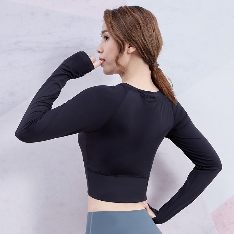 

20 Yoga top with chest pad female student sexy navel-bearing sports long-sleeved stretch tights running fitness clothes, Black