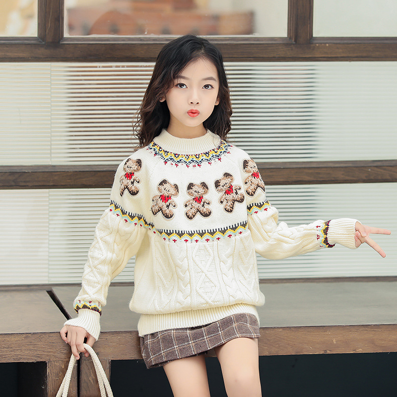 

Girls bear sweater 2020 autumn and winter new children plus velvet sweater girl suit autumn and winter big children dress female, Blue