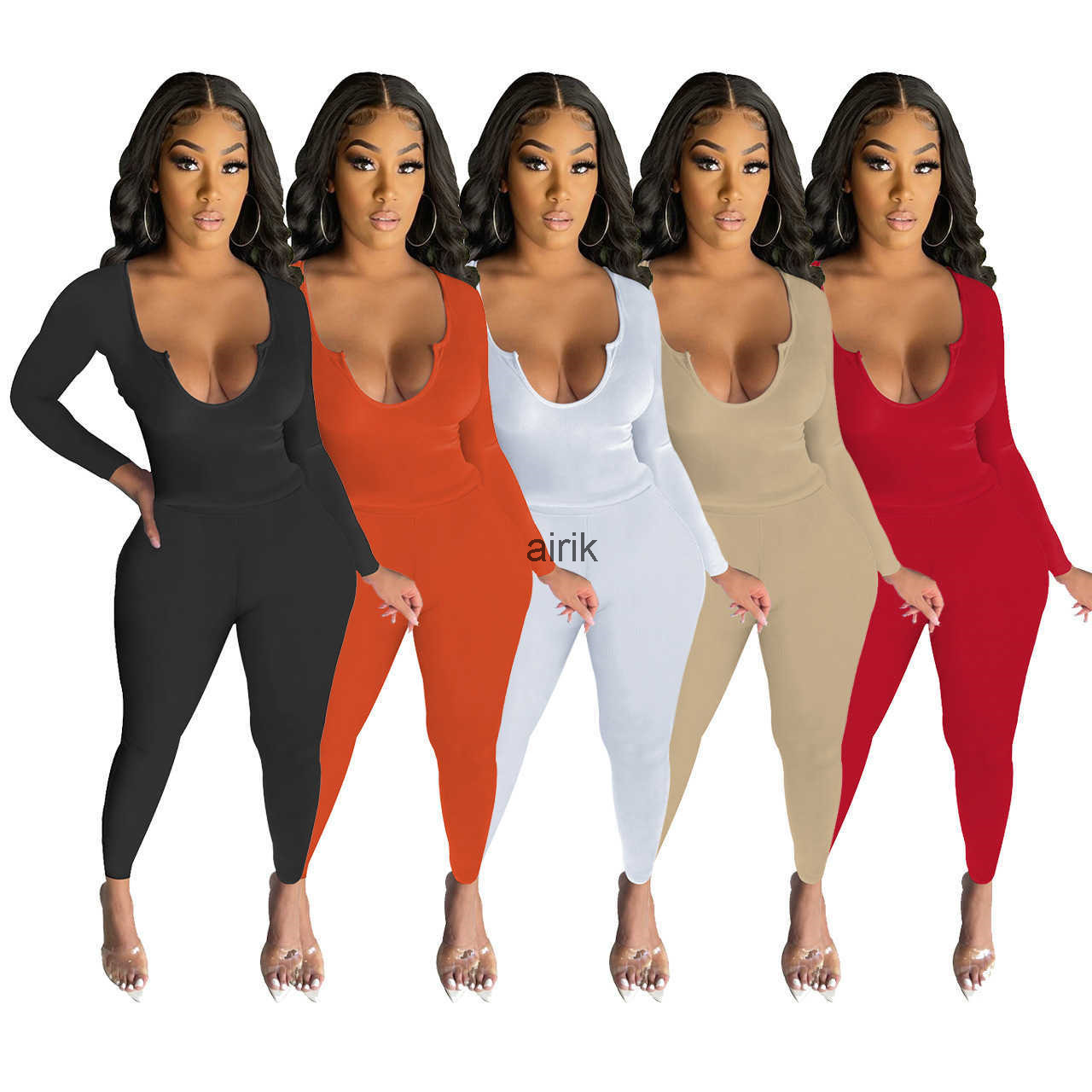 

Designer Tracksuits Women U Neck knit Long Sleeve Two Piece Pants Sets Solid Color Elastic Fashion Sweater Yoga Suit Casual T Shirt Trousers, Black