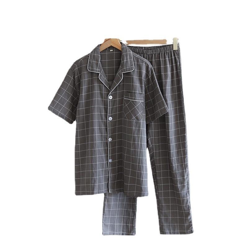 

Men's Sleepwear Simple Plaid Gauze Short-sleeved Trousers Home Clothes Suit Two-piece Cotton Comfortable Casual Pajamas, Gray