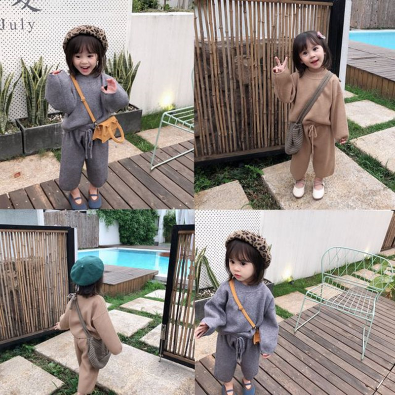 

2021 New Fashion Autumn Winter Baby Girls Knit Sweater Solid Soft Kids Clothing Set Top Jumper+pants 18m-6yrs 72o4, Khaki