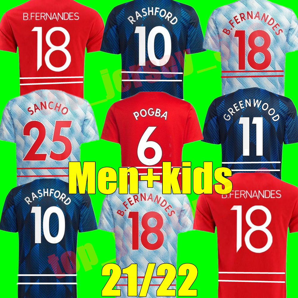 

New top 21 22 Man Sancho soccer jersey home away 3rd POGBA B. FERNANDES CAVANI MANCHESTER VAN DE BEEK UTD RASHFORD 2021 2022 football shirt adult men + kids kit youth, Kids away+socks
