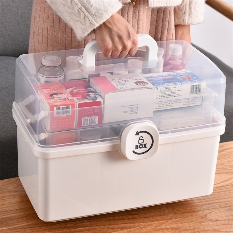 

Medicine Box Portable First Aid Kit Storage Box Plastic Multifunctional Family Storage Organizer with Handle Large Capacity 210315