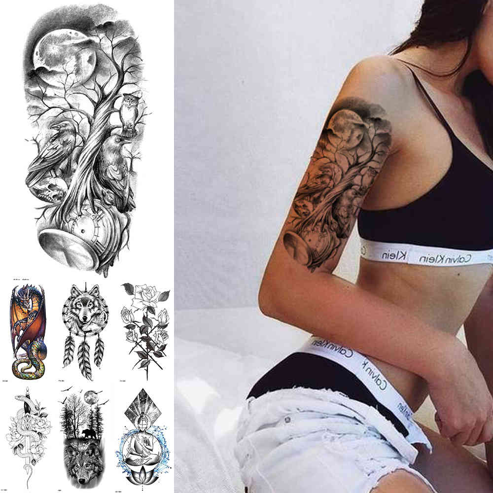 

Waterproof Temporary Tattoo Sticker Tree Flowers Flash Tattoos Snake Dragon Body Art Arm Fake Tatoo Women Men