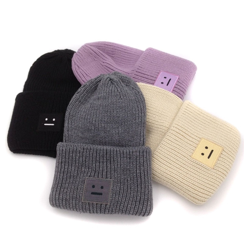 

Embroidery square smile winter knitted hats for women unisex skulliles beanies men baggy warm gorro thicken warm cap 211122, Black