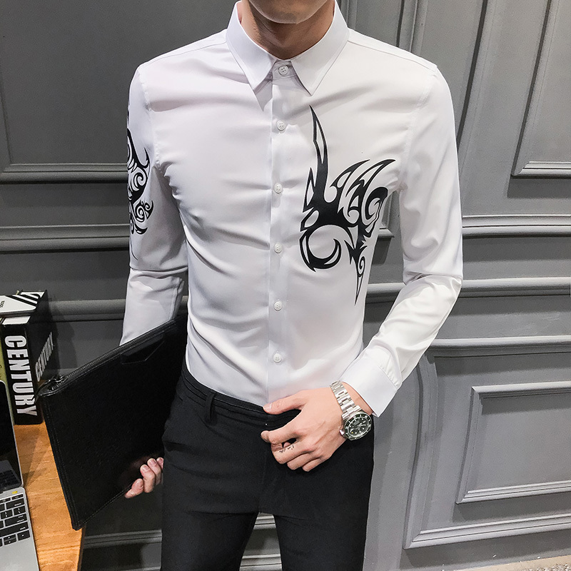 

New Preto/branco Moda Estilo Britnico Camisa De Impresso Manga Longa Simples Todos Os Jogos Fino Ajuste Casual Blusa Roupas Masculinas 2021, Black