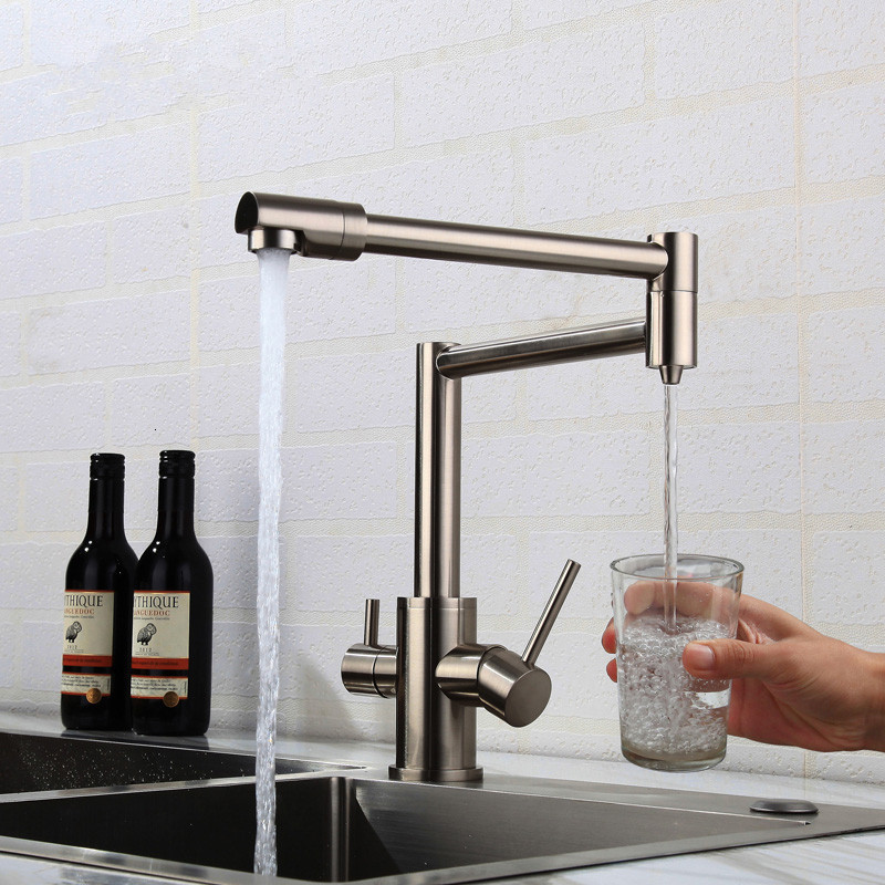 

2021 New Black Faucet Solid Brass Crane Kitchen Deck Mounted Water Filter Tap Three-way Sink Mixer 3 Way Foldable Nickel Brushed Gzoq
