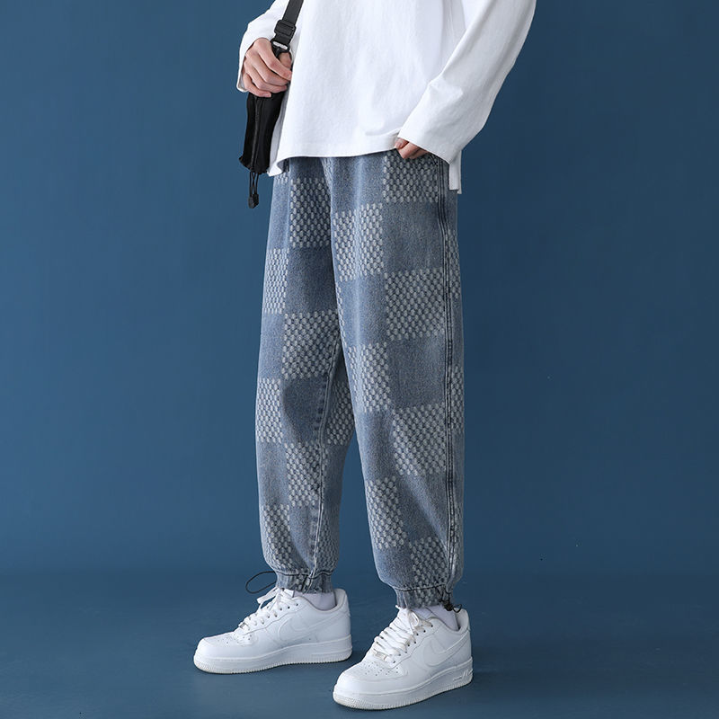 

2021 New Korean Plaid Men's Fashion Retro Casual Wide-leg Jeans Men Streetwear Loose Hip-hop Drawstring Denim Trousers Mens -5xl Cc4q, Gray