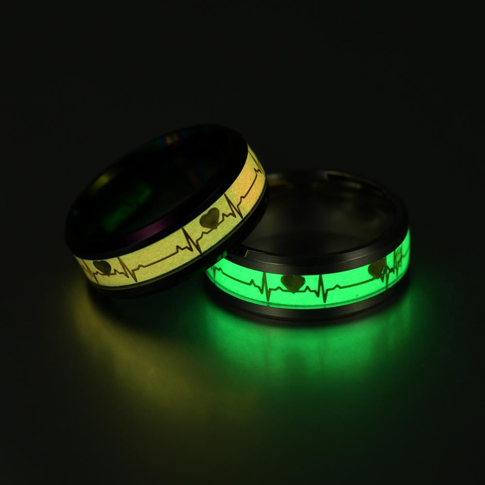 

Womens Rings Luminous Mood ECG Ring Temperament Mens Ring Carbon Fiber Couple Wedding Rings Valentines Day Gift, Silver