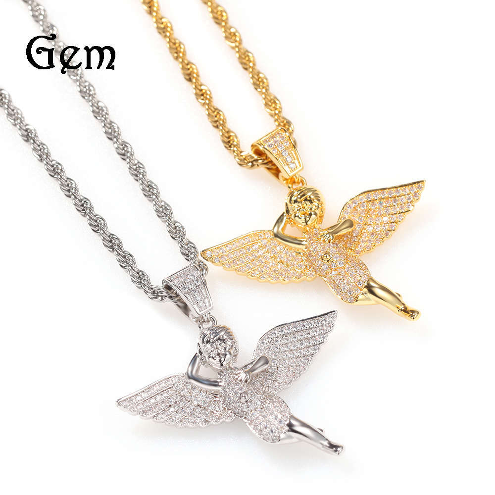

Hip hop gold-plated wing Angel Pendant Necklace with zircon inlay