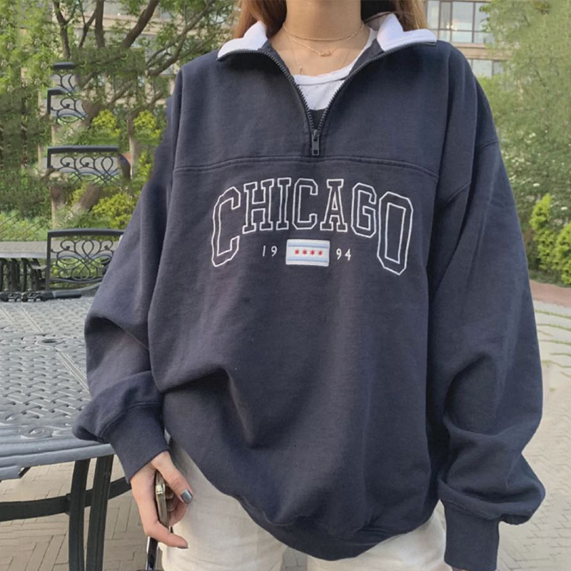 

2021 Dark Blue Letter Printing Zip Up Collar Sweatshirt Women Vintage Brand Fashion Oversized Loose Casual Streetwear New Long Sleeve 2oj8, Thin