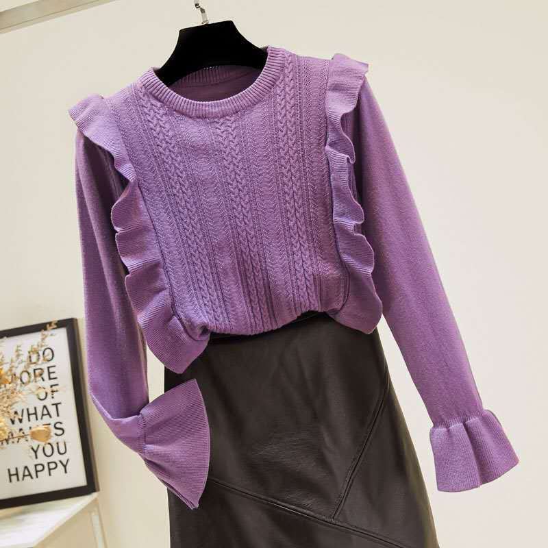 

2021 Ruffled Flare Sleeve Sweet Solid Woman Sweaters O-neck Warm Winter Basic Tops Pullovers Autumn New Elegant Office Lady R42p, White
