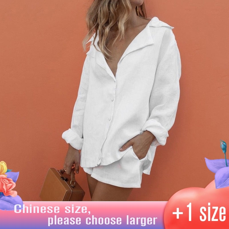 

2 Pieces Sets Women V Neck Slim Summer Cotton Lapel Button Temperament Suit Shorts Causal Beach White Sweatsuit 210603