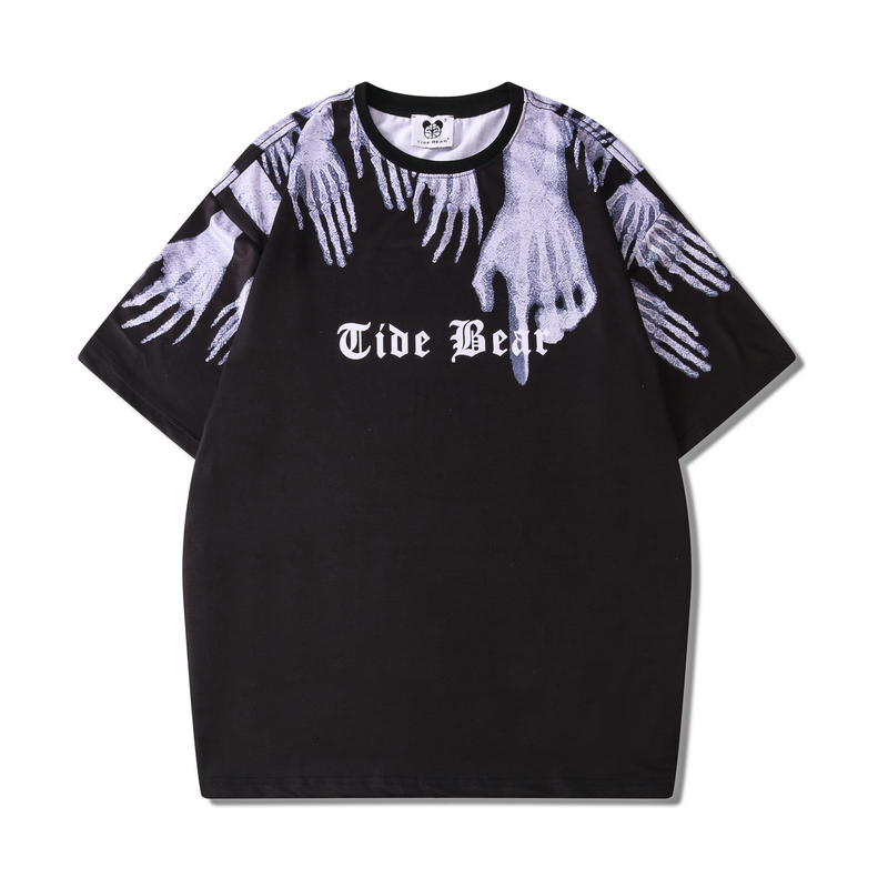 

2021 New Original Letter Hands Print Oversize Short Sleeve Summer Tshirts Mens High Street Crew Neck Cotton Loose Top Tees Hip Hop Lmf0, Black