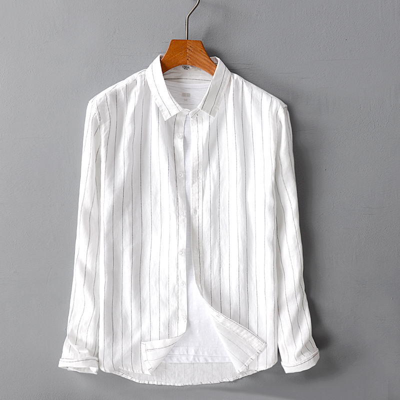

2021 New Homens 100% Linho Listrado De Mangas Compridas Casual Tendncia Masculina Camisa Branca Vero e Primavera Camisas Para Homem 81al, White