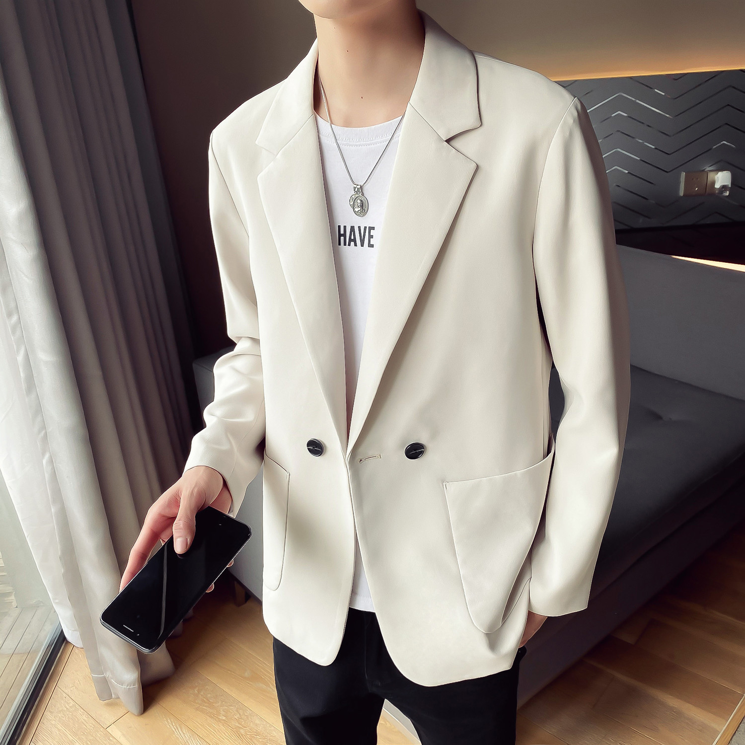 

2021 New High Quality Suit Simple Blazers An Ocasional Streetwear Loose Button During the Entire Blazer Men Clothing Jacket Team Z9v3, Beige white.