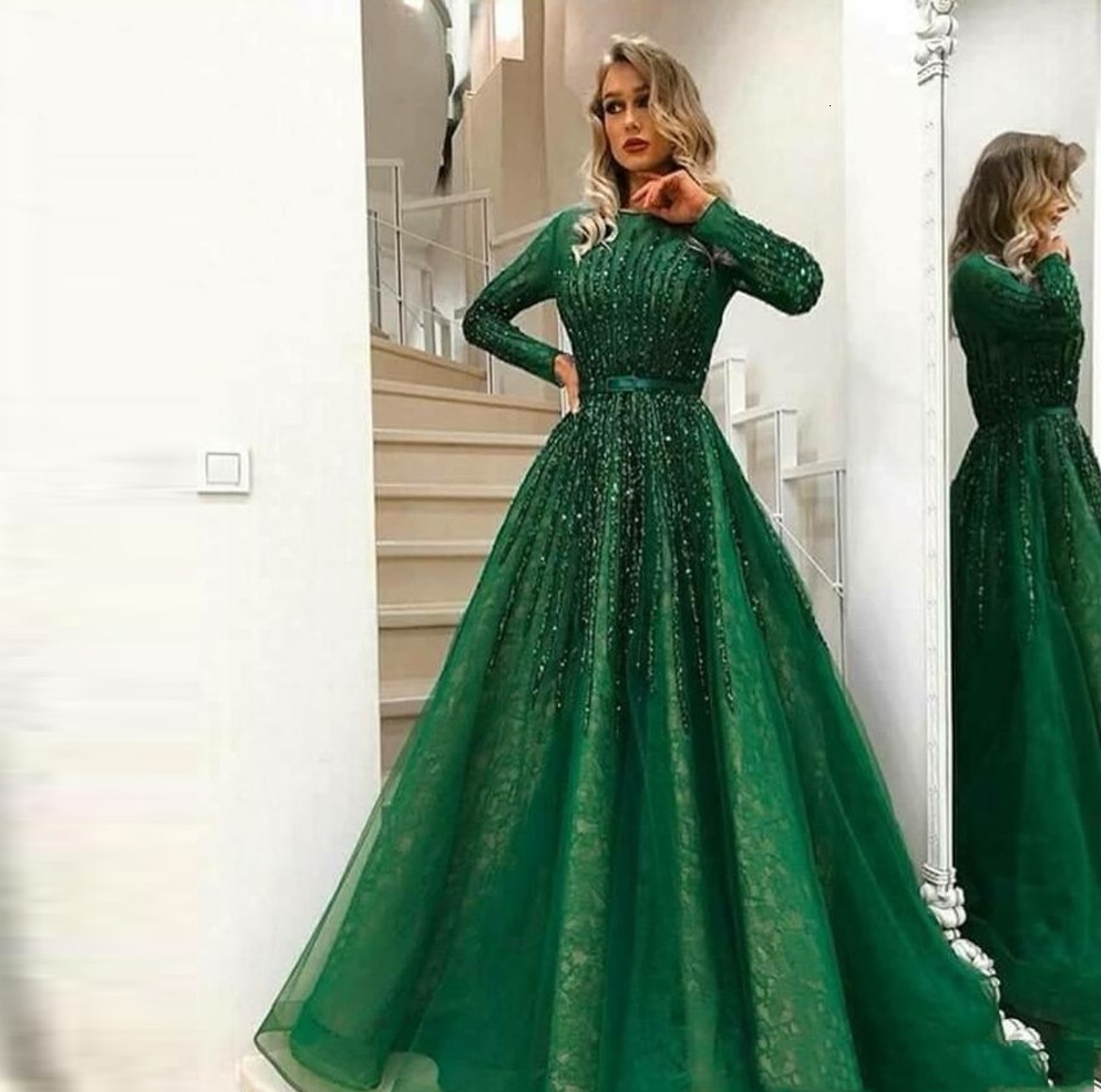 

2021 New Gorgeous Green Shiny Beaded Evening Long Sleeves Abiye Vintage Lace Prom Party Gowns Vestido Longo Abendkleider Rxf3