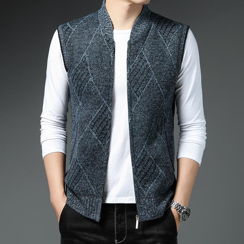 

Men's Sweaters Autumn/winter Vest Knit Slim Fit All-match Baseball Collar Cardigan Sleeveless Fleece Warm Sweater, 8816 grey blue